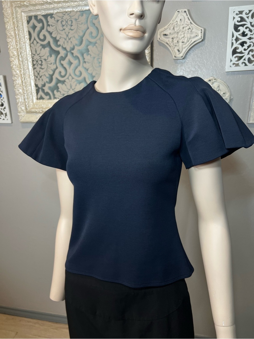Carven Navy Flutter Sleeve Top